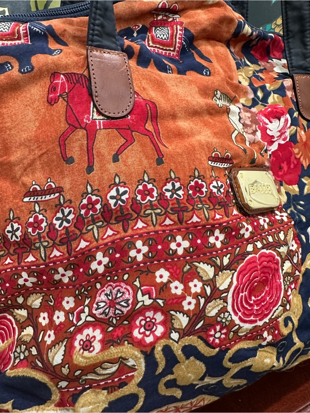 Vintage Bally Elephant Horse Floral Print Large Shoulder Tote - Picture 7 of 16